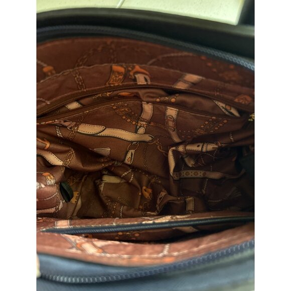 Small Navy Faux Leather Blue Handbag With Gold Accents & Double Handles Classy - Picture 9 of 9